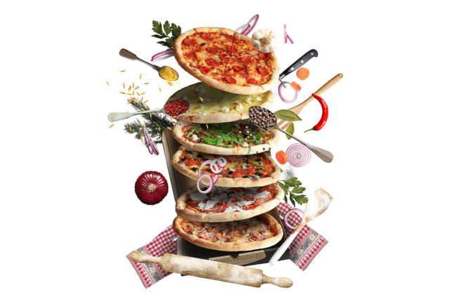 Different varieties of pizza and pizza ingredients