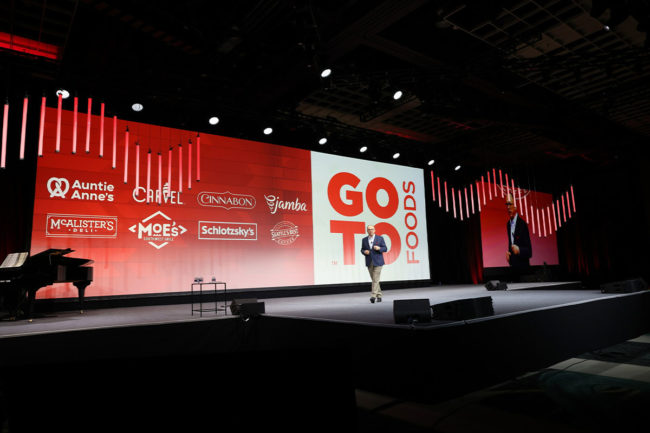 James E. Holthouser speaks at an event for GoTo Foods. 