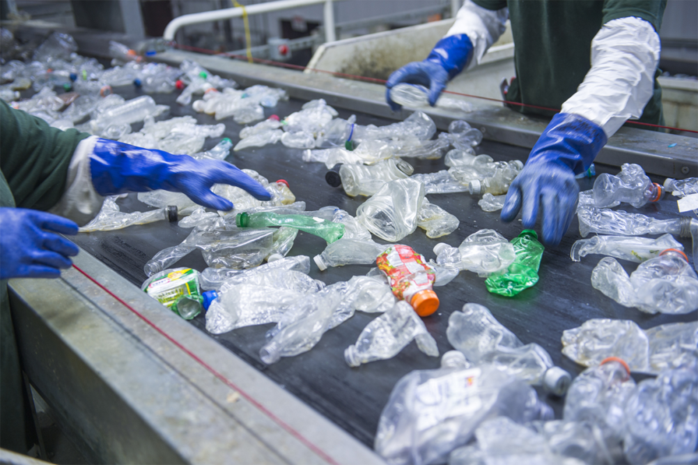 plastic bottles in a recycling facility